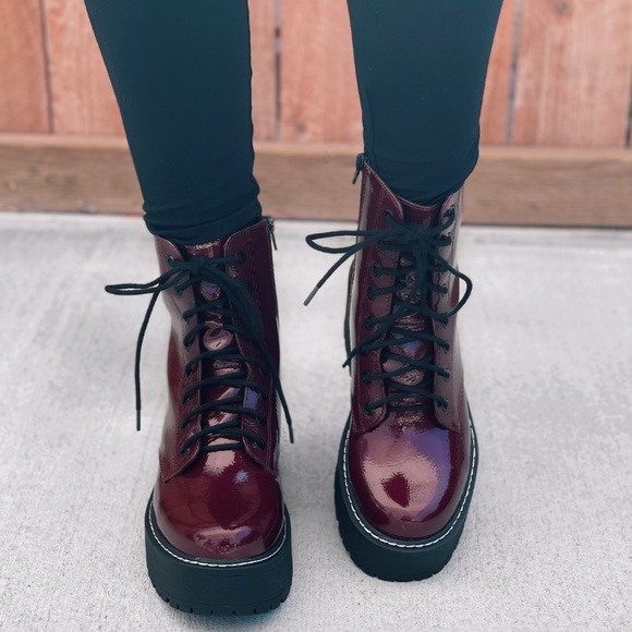 Burgundy Lace Up Platform Combat Boots - Picture 2 of 9